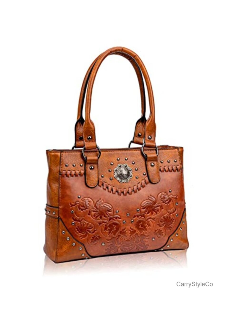 Vintage Embossed Floral PU Leather Tote Handbag with Studs